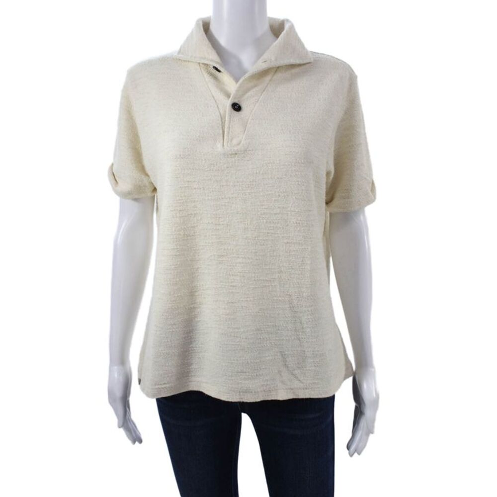 Isaia Women Polo Short Sleeve Collared Beige Cotton Linen Hemp Basic Size S